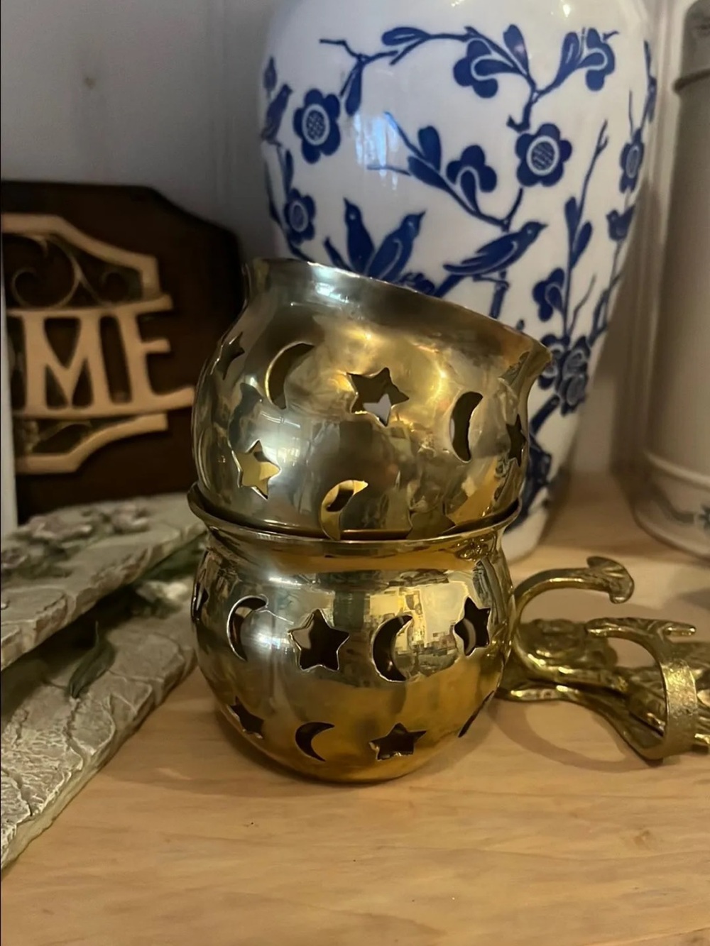 Brass Moon & Star Votive Candle Holder - Gold